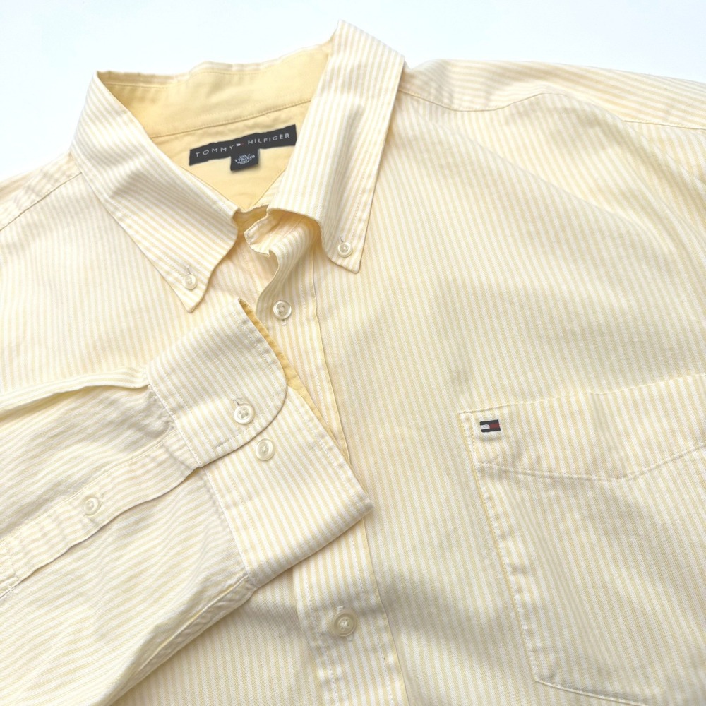 TOMMY HILFIGER Men's XXL Yellow White Pinstripe Button Down Long Sleeve Shirt